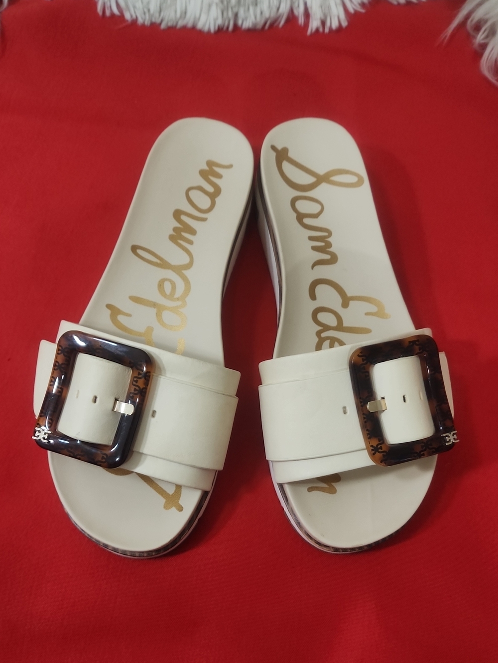 Sam Edelman ARIANE Cream Slide Sandals with Tortoiseshell Buckle Accent
